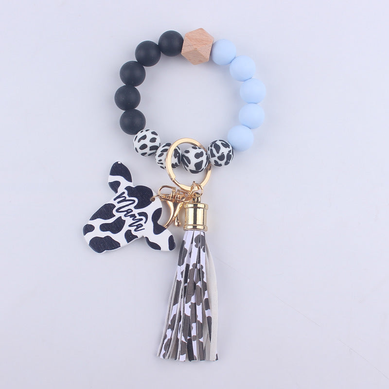 Wholesale MAMA Wood Chips Cow Head Western Style Silicone Beads Wrist Keychain